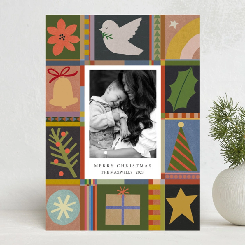 "Folk Frame" - Customizable Holiday Photo Cards in Brown by Sumak Studio.