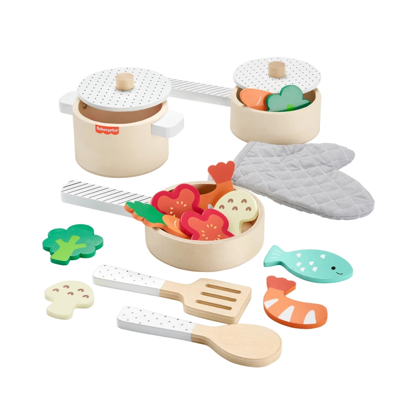 Fisher-Price Wooden Kitchen Pots & Pans Set, 19 Wood Pieces for Preschool Pretend Play, Ages 3+ Years