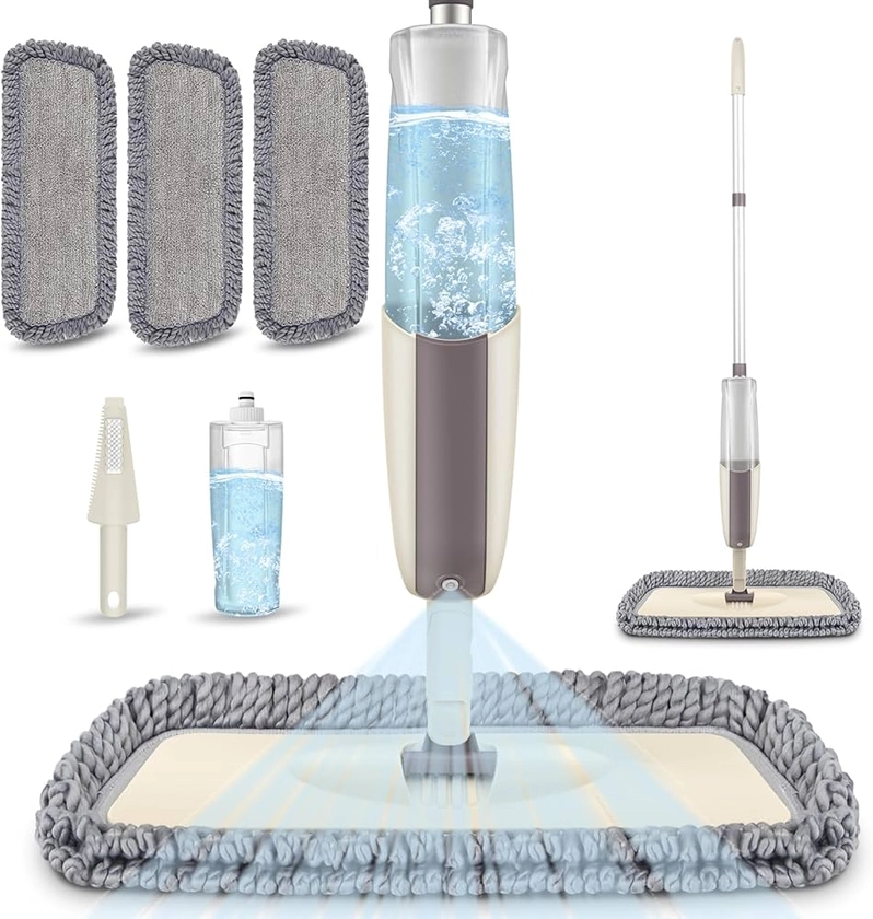 Balai Serpillère Vaporisateur, MEXERRIS Balai Lave Sol Spray Mop Microfibre Balais Serpillere avec Reservoir et 3 Tampons de Vadrouille Lavables pour la Maison, la Cuisine, Le Bois Dur, Le Stratifié