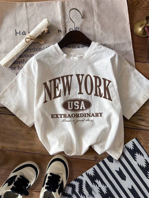 Usa New York Tween Girl's Casual Basic Letter Print Short Sleeve T-Shirt Round Neck For Summer