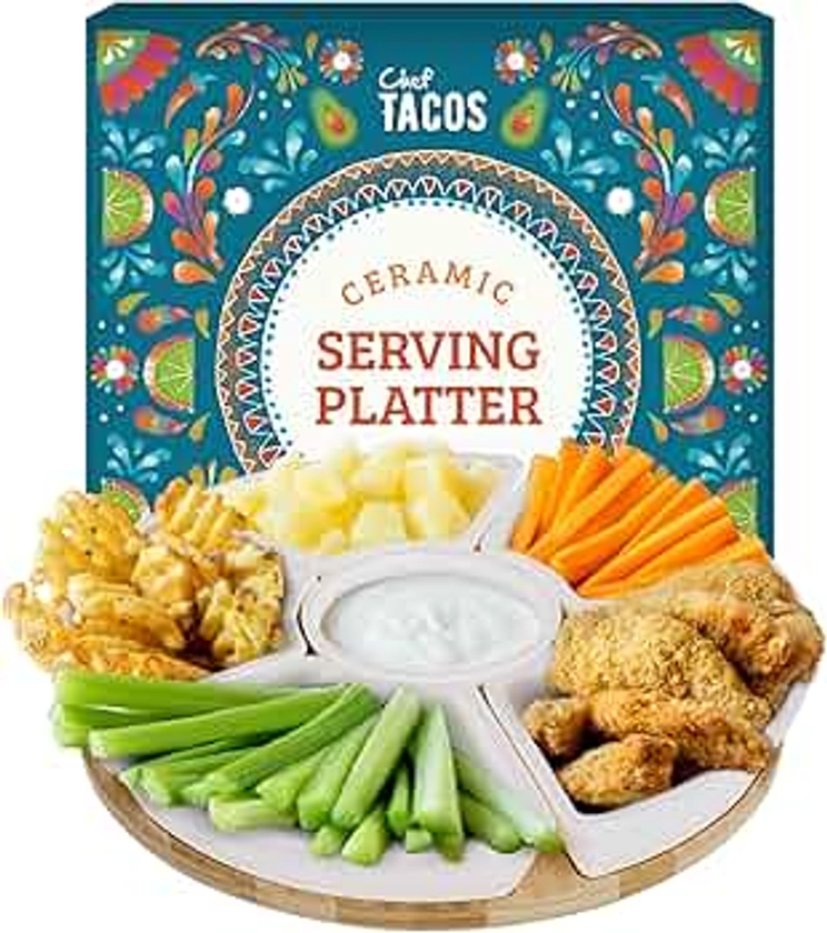 Chef Tacos Ceramic Taco Serving Platter - Divided Serving Tray for Taco Tuesday Lazy Susan Taco Bar - Chip and Dip Serving Set for Party - Appetizer Serving Tray for Salsa, Snacks – Taco Tray 26 cm