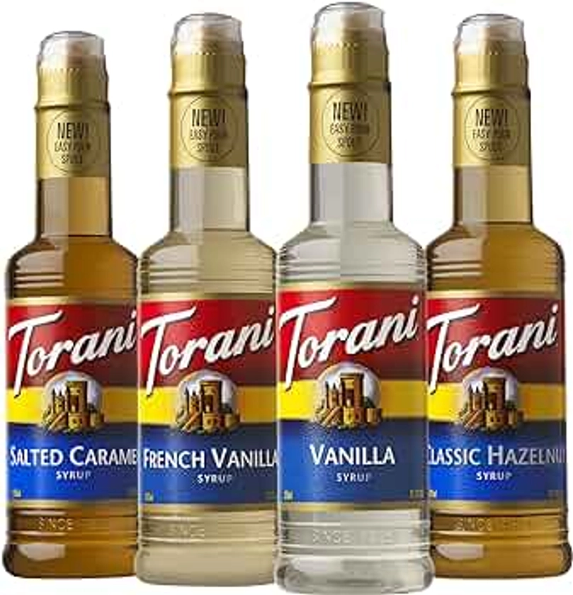 Torani Syrup, Cafe Variety Pack, 4 12.7 Ounce Bottles (Vanilla, Salted Caramel, Classic Hazelnut, French Vanilla)