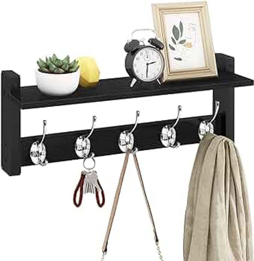 Homode Coat Rack with Shelf, Wall Shelf with Hooks, Wood Entryway Coat Hanger, Small Floating Shelf with Pegs for Hanging Coats, Hats, Purses, Backpacks, Black