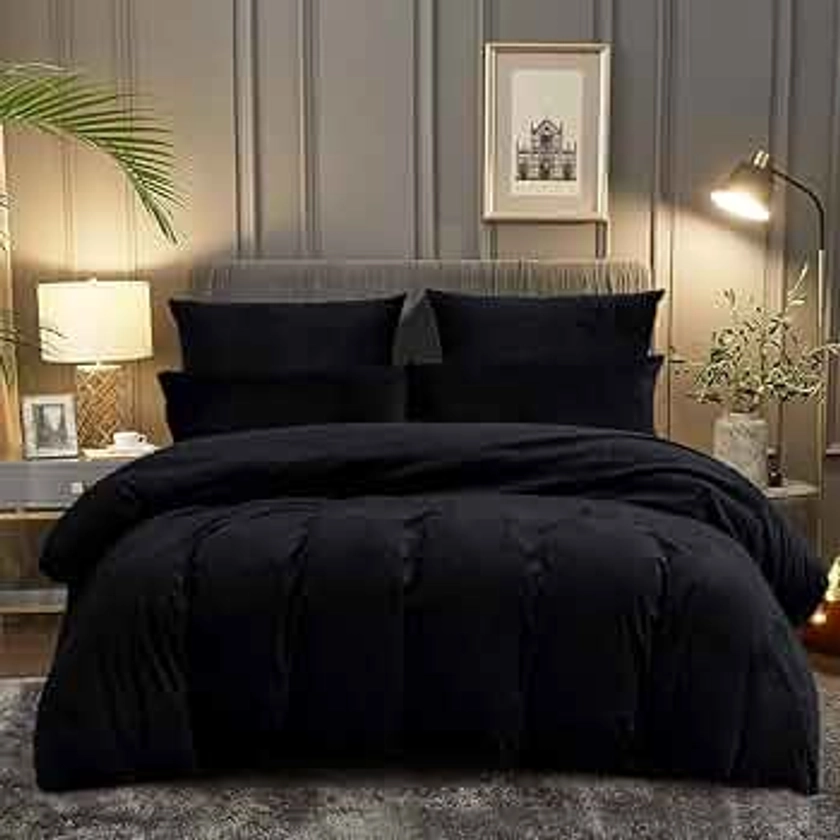 DPNJING Housse de Couette Hiver 220x240cm Noir Couleur Unie Toucher Cashmere Polaire Sets de Housse Couette en Flanelle Parure de lit 2 Personnes avec 2 Taies d'oreiller 65x65cm avec Fermeture Éclair