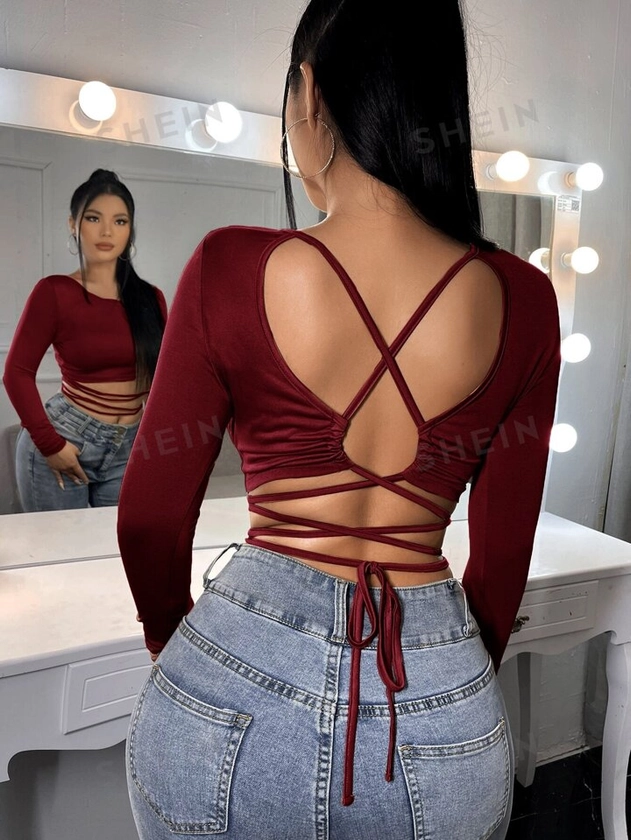 SHEIN SXY Solid Criss Cross Backless Tee