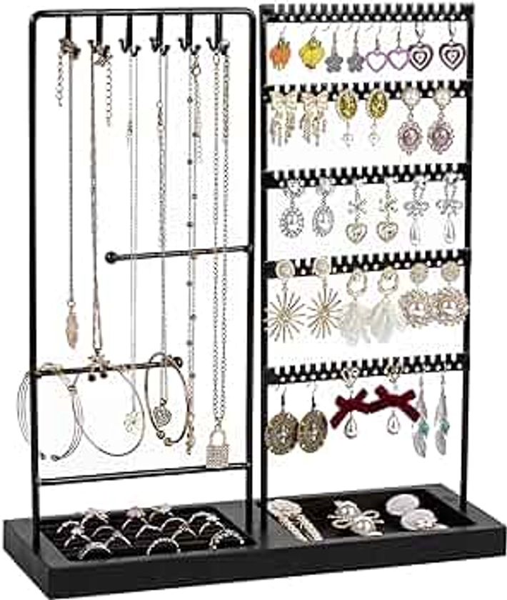 Vtopmart Jewelry Holder Organizer Stand Tree for Earring Necklace Ring Bracelets Display and Storage, with 90 Holes, 12 Hooks, Ring Tray, All Black