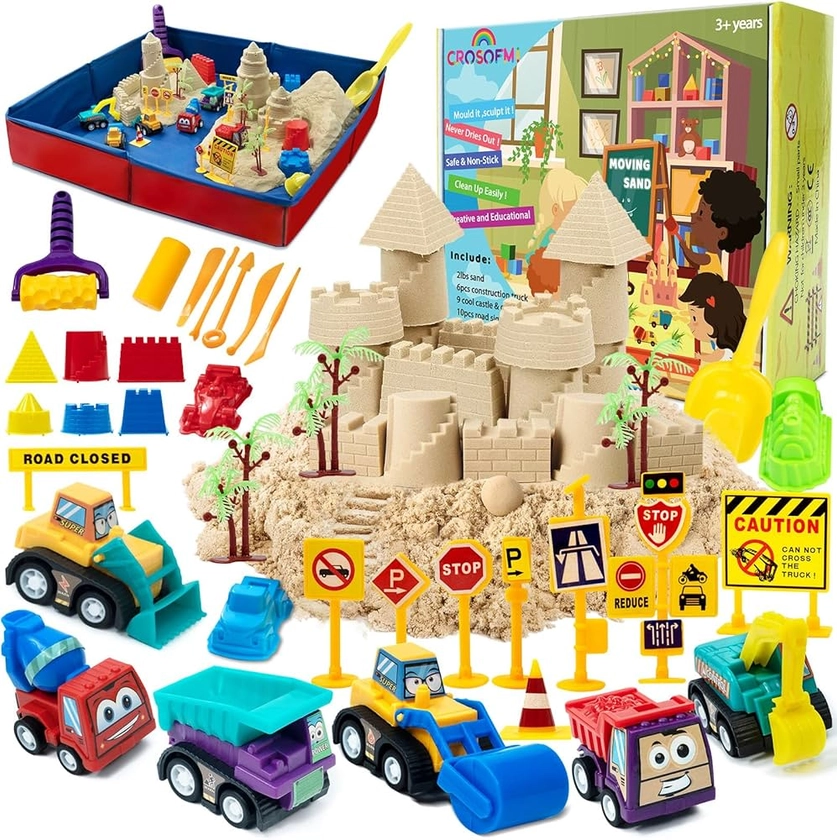 CROSOFMI Construction Moving Sand Kit 2lbs Sand with 6 Construction Vehicles 10 Road Signs and an Foldable Sandbox and Cool Sand Moulds and Sand Tools Toys for Boys Girls 3 4 5 6 7+ Year Old : Amazon.co.uk: Toys & Games