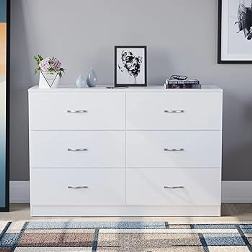 Vida Designs 6 Drawer Wide Chest of Drawers Bedroom Storage Unit Sliding Drawers Bedroom Furniture (White)