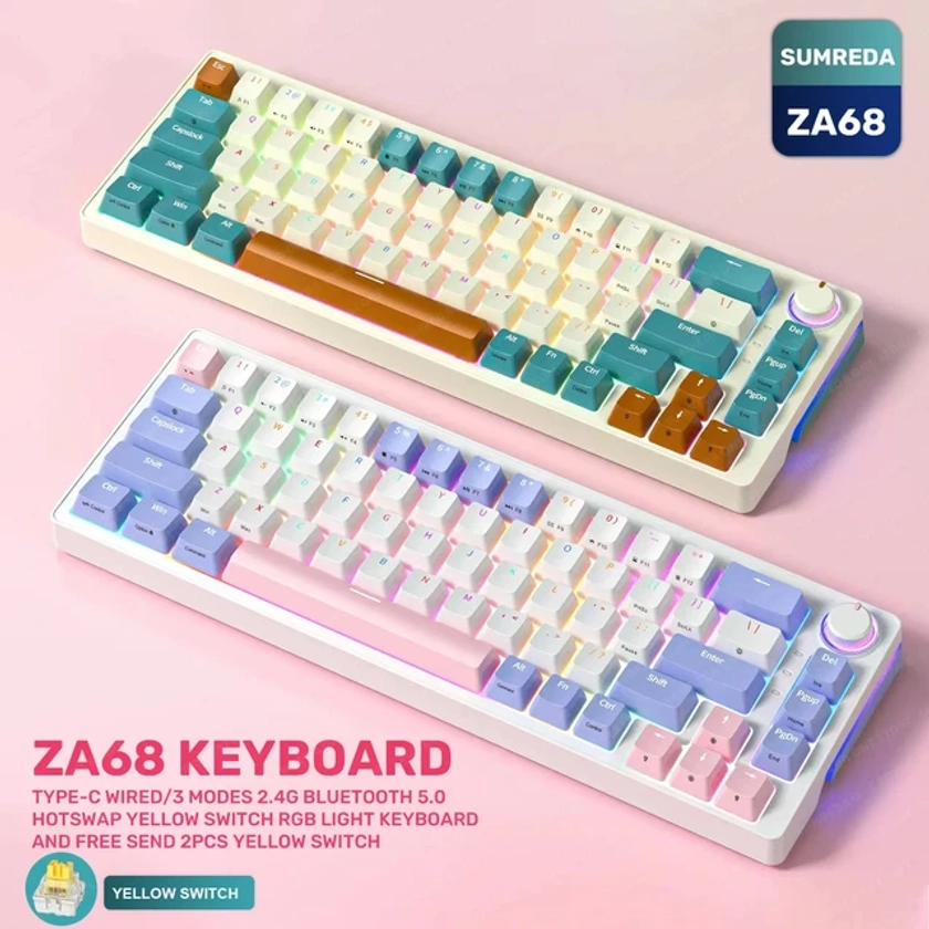 SUMREDA ZA68 ZA63 Gamers sans fil clavier mécanique 2.4G Bluetooth TYPE-C filaire 3 modes Hotswap RVB rétro4.2 clavier de jeu