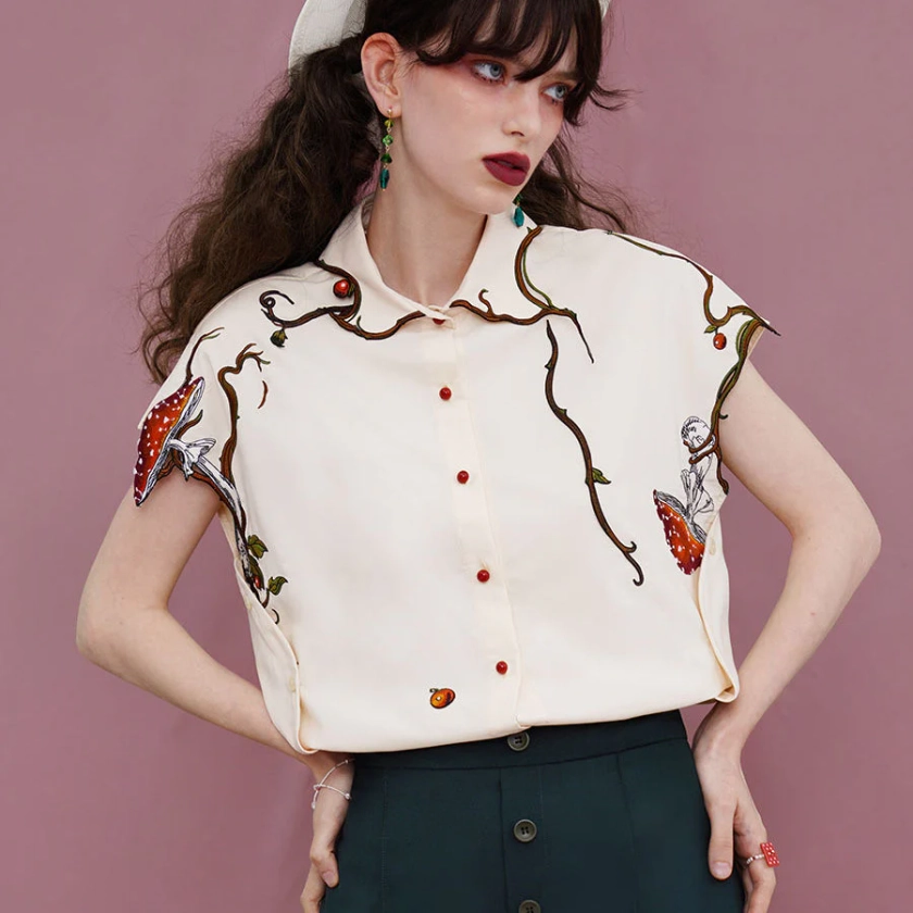Forest mushroom embroidery French sleeve blouse