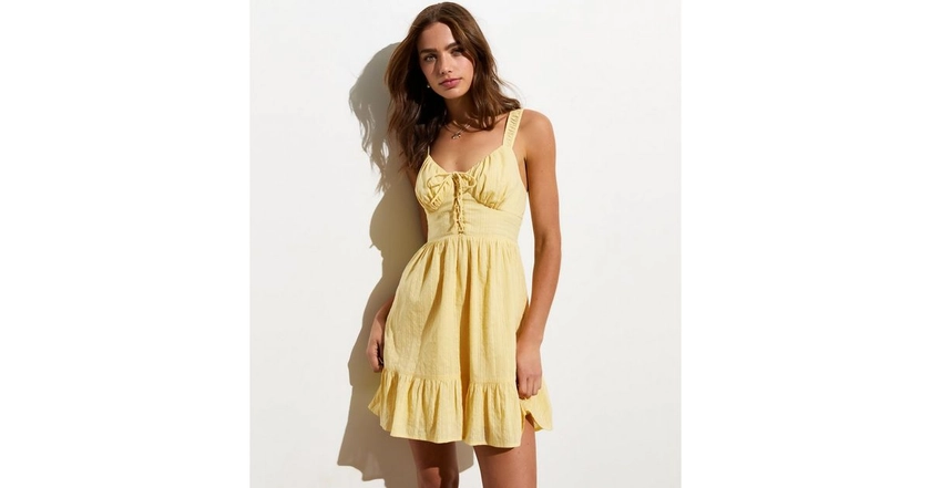 Yellow Cotton Lace-Up Milkmaid Mini Dress | New Look