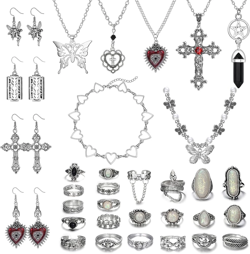 Amazon.com: Subiceto 33Pcs Grunge Vintage Punk Necklace Jewelry Set Gothic Earrings Fairy Butterfly Boho Crystal Y2k Cross Pendent Butterfly Heart Choker Goth Stackable Knuckle Rings Adjustable: Clothing, Shoes & Jewelry