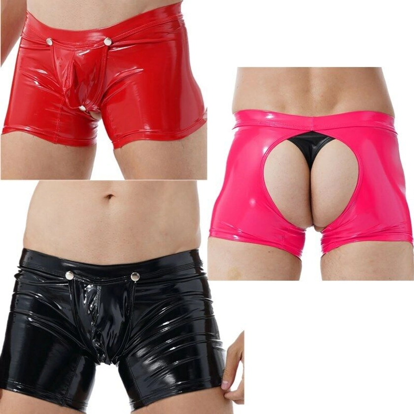 Men's Shorts Wetlook PVC Leather Boxer Briefs Button Crotch Bulge Pouch Panties