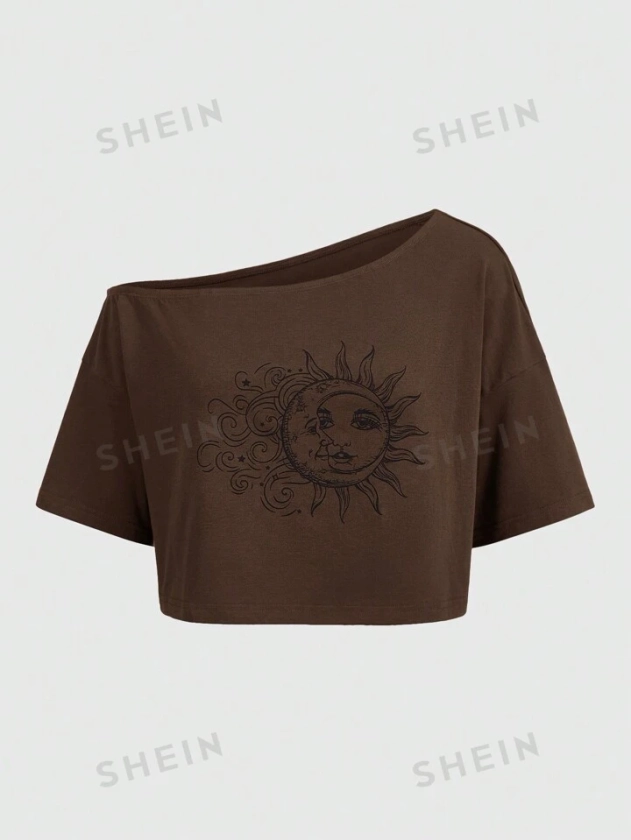 ROMWE Hippie Women's Oblique Shoulder Sun And Moon Print Short Sleeve Brown T-Shirt