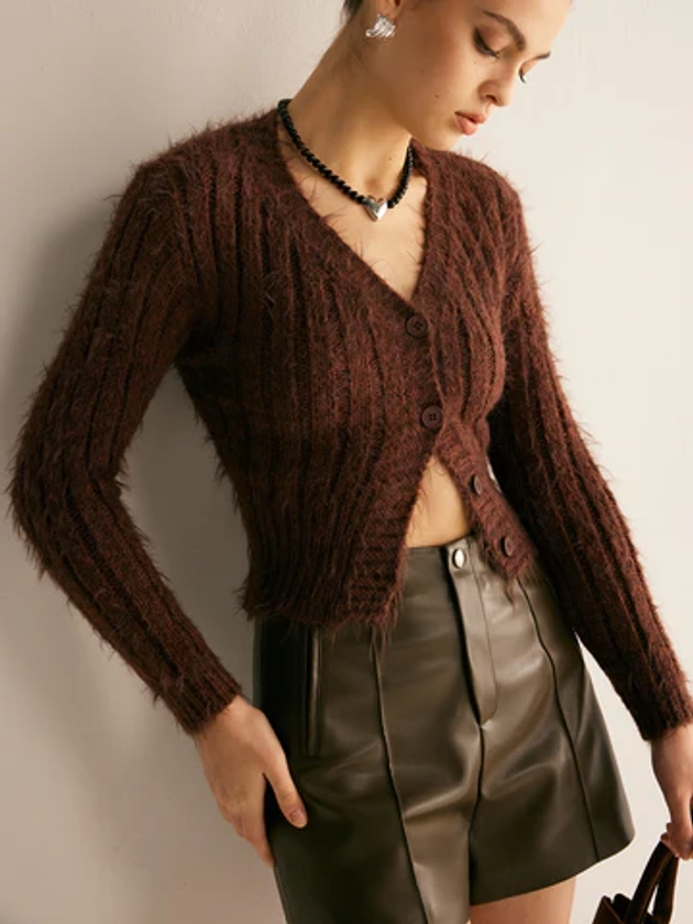 Fuzzy Button Petite Cardigan