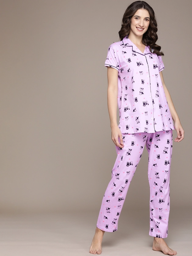 beebelle Women Lavender Cotton Dog Print Pyjamas Set