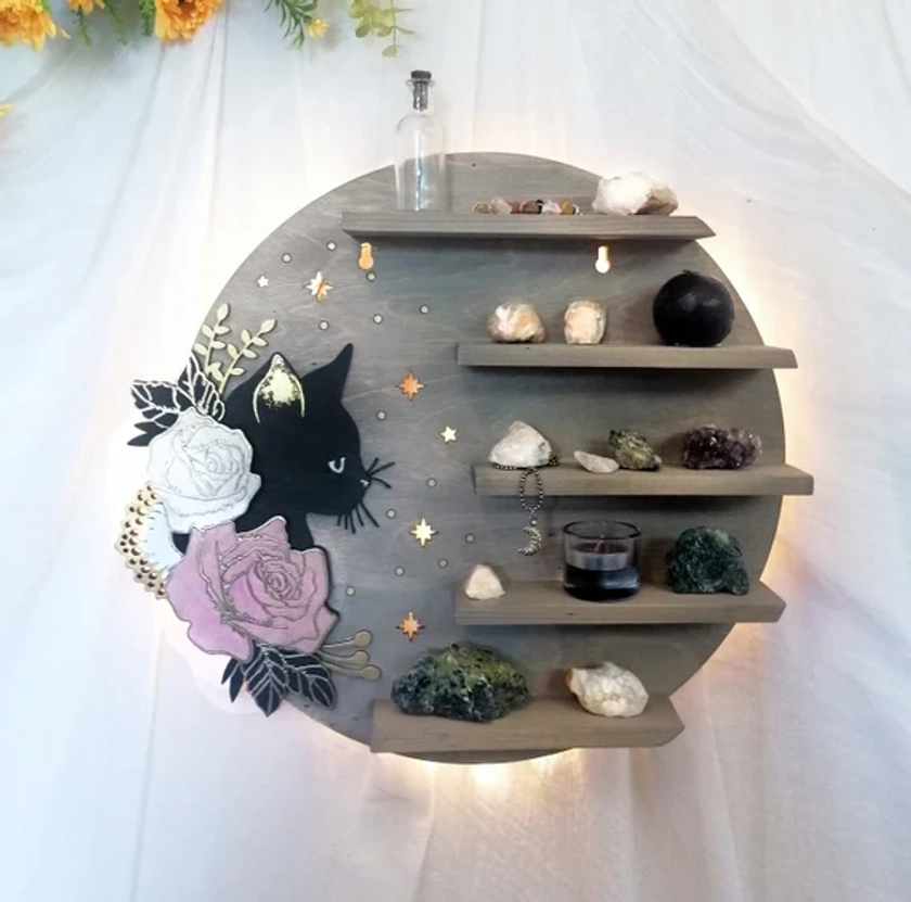 Cat shelf, cat and flowers shelf, crystal shelf, handmade geometric shelf, moon shelf, witch shelf, crystal altar