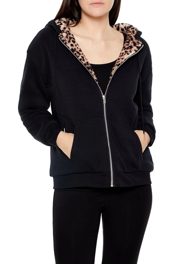 Leopard Faux Shearling Zip-Up Hoodie | Forever 21