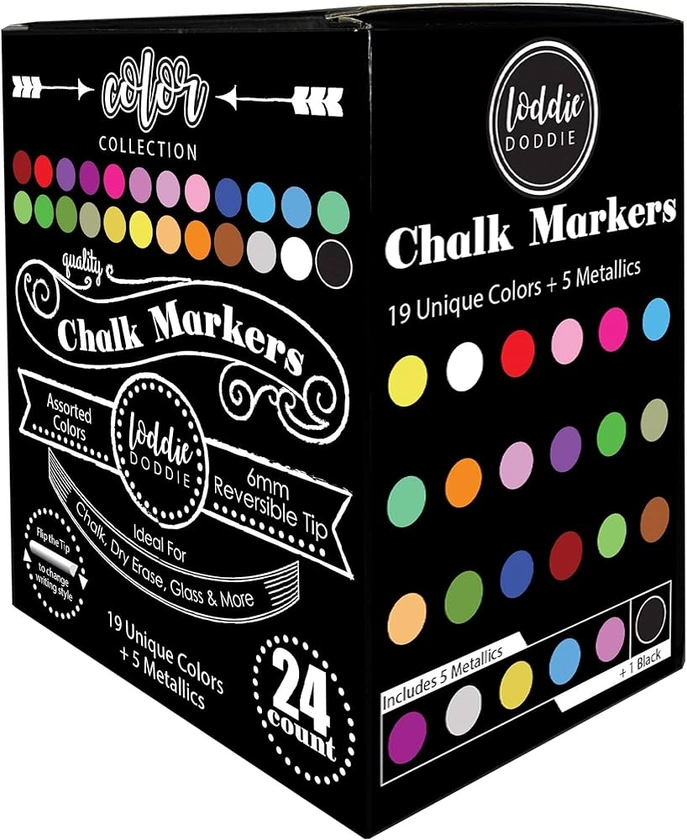 Amazon.com : Loddie Doddie Liquid Chalk Markers | Dust Free Chalk Pens - Perfect for Chalkboards, Blackboards, Windows and Glass | 6mm Reversible Bullet & Chisel Tip Erasable Ink (Pack of 24) : Office Products
