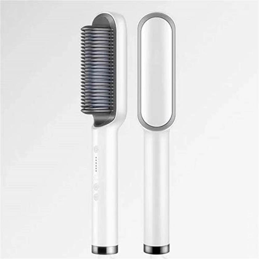 Ionic Hair Straightener and Curler?2 in 1Hot Comb Ceramic Hair Straightener Brush?for Home Salon Styling (White)