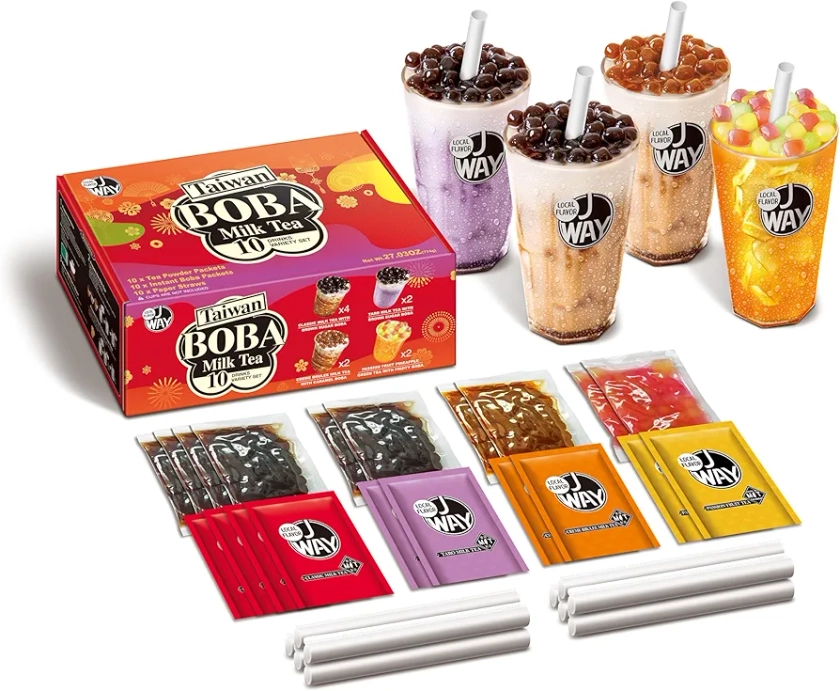 Instant Boba Bubble Pearl Variety Milk Tea Fruity Tea Kit with Authentic Brown Sugar Caramel Fruity Tapioca Boba, Ready in Under One Minute, Paper Straws Included - Gift Box - 10 Servings