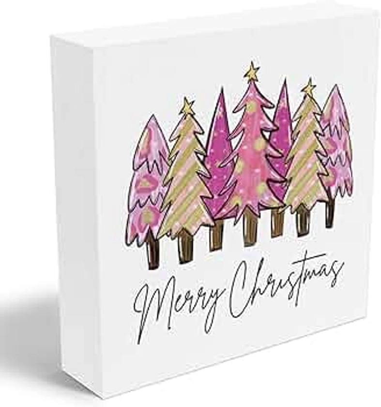 Pink Funny Christmas Tree Pattern Christmas Tree Decor Christmas Tree Sign Merry Christmas Sign Winter Christmas Decorations for Home Office Desk Gifts for Women 5 x 5 Inch