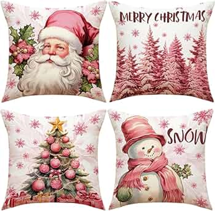 ESSECMBS 4Pcs Christmas Throw Pillow Covers 18 * 18inch Pink Cartoon Christmas Couch Pillow Cases Sofa Pillow Protectors Winter Holiday Home Decorations (Set of 4, 45 * 45cm/18 * 18inch)