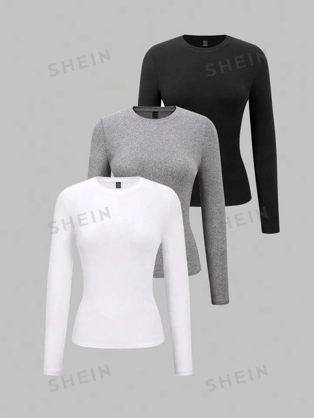 SHEIN EZwear Women's Round Neck Long Sleeve Slim Fit T-Shirt | SHEIN USA