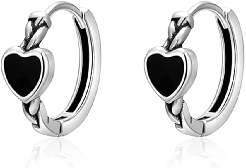 SLUYNZ 925 Sterling Silver Black Heart Hoop Earrings for Women Girls Heart Huggie Earrings Hoop