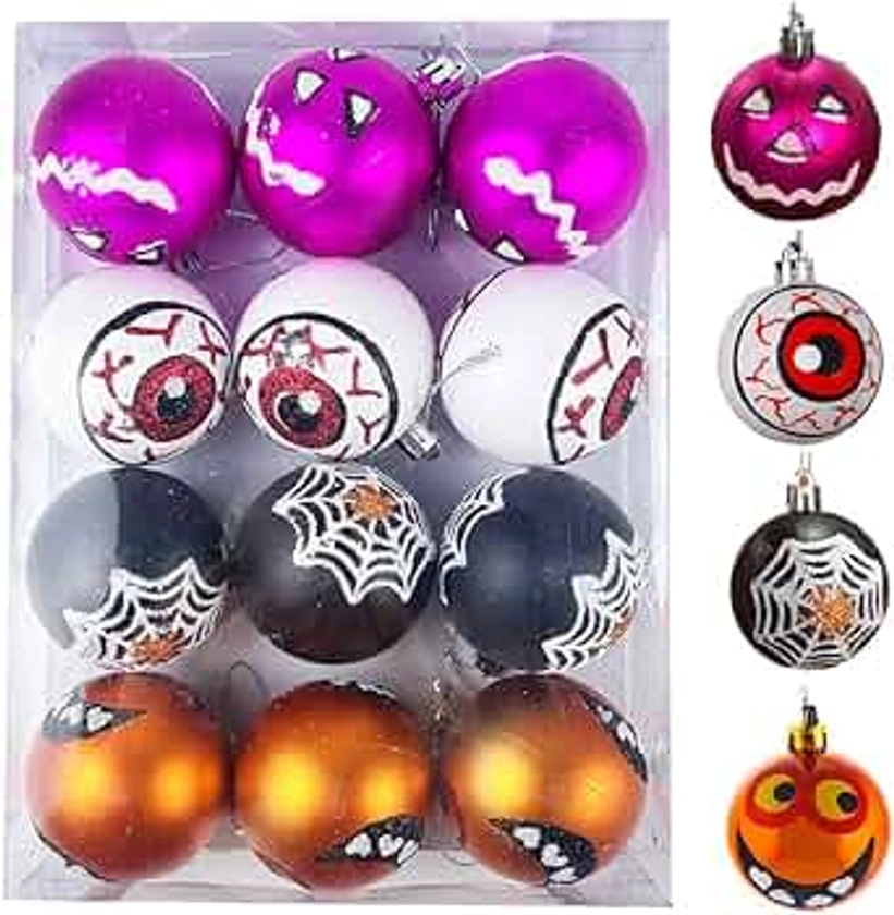 12 Pieces Halloween Baubles 60mm Large Baubles Hanging Balls Halloween Pumpkin Eye Balls Ornaments for Halloween Party Decoration, Black Copper Purple