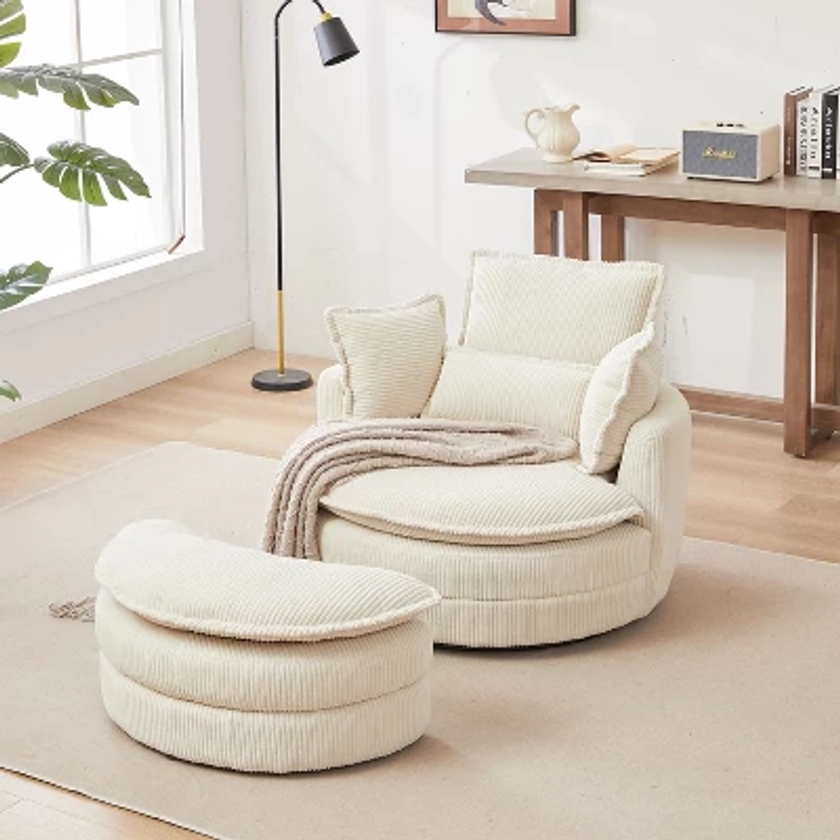 38"W Oversized Corduroy Swivel Chair with Moon Storage Ottoman, Modern Accent Round Loveseat Circle Barrel Chairs with 4 Pillows, Beige 4Q-ModernLuxe