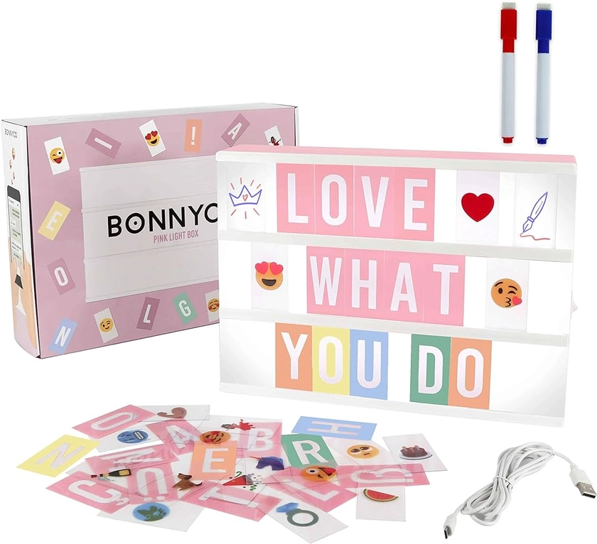 Pink Cinema Light Box with 400 Letters, Emojis & 2 Markers – BONNYCO | A4 Led Light Box for Kids, Girl Room Decor, Home | Letter Board Girls Birthday Presents, Novelty Gifts for Women at Christmas