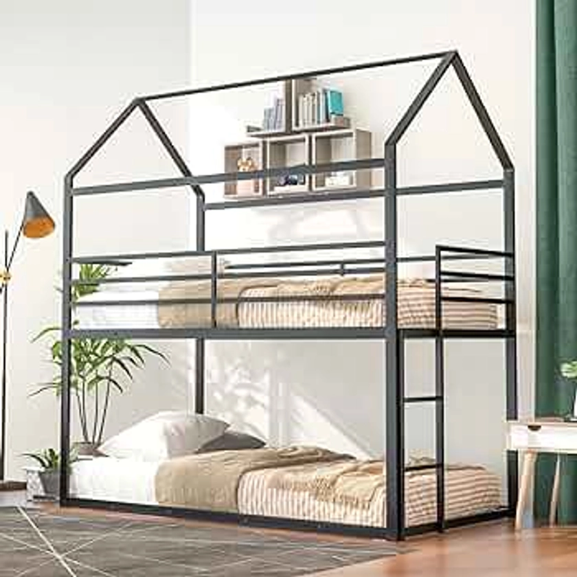 Merax Twin Over Twin House Bunk Bed, Metal Bed Frame Bunk Beds with Roof and Built-in Ladder, No Box Spring Needed, Black
