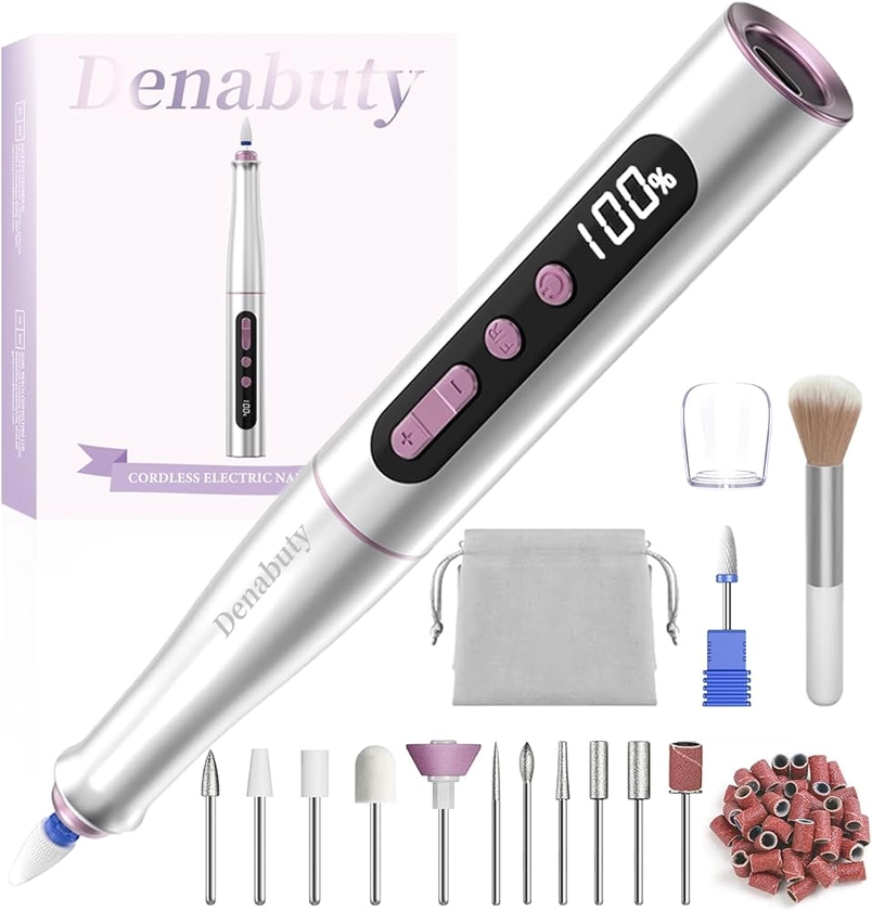 Denabuty Ponceuse pour Ongles Professionnelle 35000 tr/min, 12 en 1 Lime a Ongle Electrique Sans Fil Avec LED écran Numérique, Kit de Manucure Pédicure Rechargeable Vitesse Réglable DN-2402