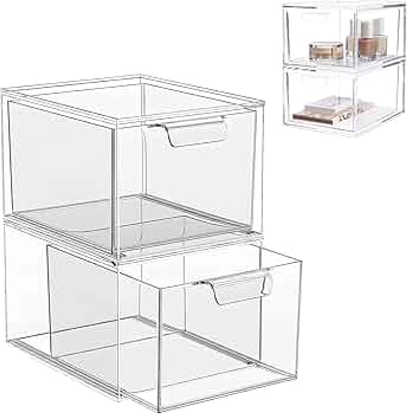 Ehuihuan Lot de 2 Tiroirs Empilables pour Cosmétiques, Organisateur de Rangement de Maquillage en Acrylique, Bacs de Rangement en Plastique Transparent pou Coiffeuse Maison Comptoir Salle de Bain