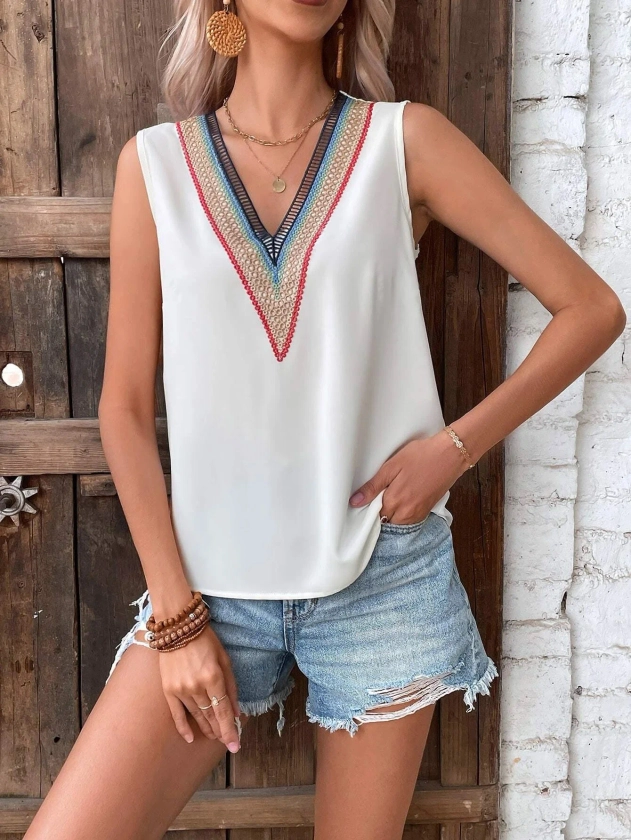 Summer Lace Top V Neck Pullover Casual Shirt Sleeveless Vest Women