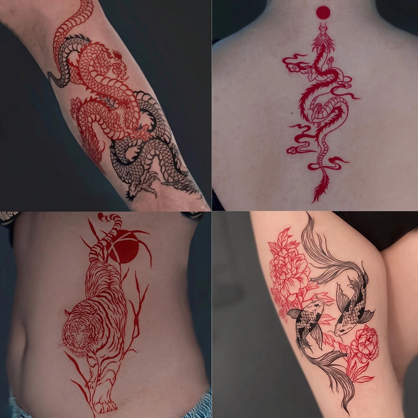 4 Sheets Tiger, Fish Waterproof Red Dragon And Sun And Cloud Patterns Of Temporary Tattoo Body Art For Women And Men - Lasts 2-5 Days