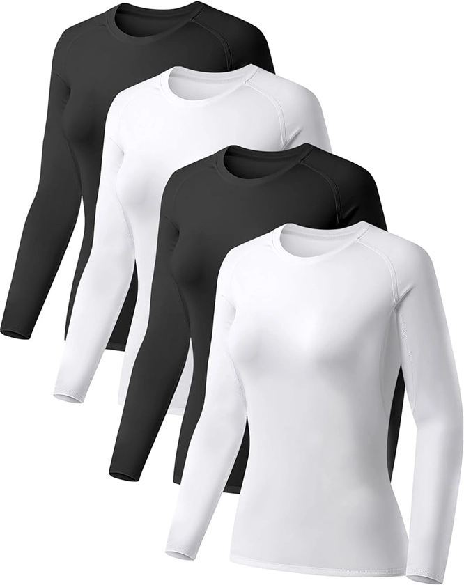 TELALEO 4 Pack Women's Compression Shirt Long Sleeve Performance Workout Baselayer Athletic Top Sports Gear