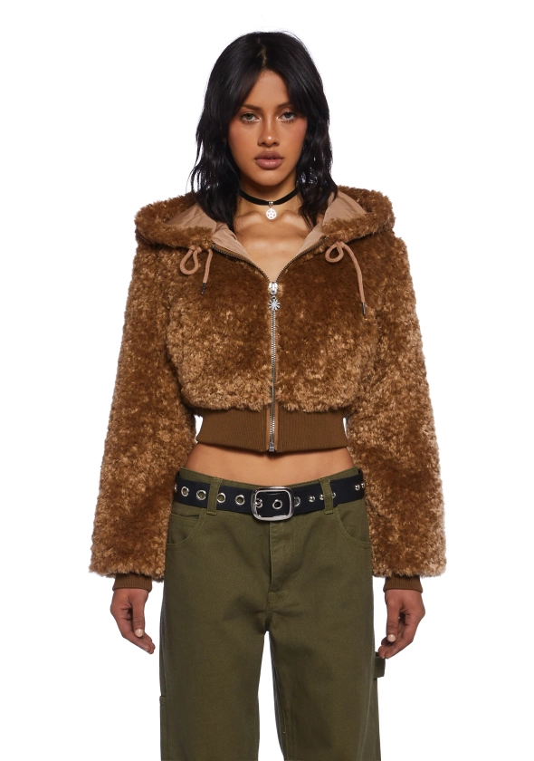 Delia's Faux Fur Cropped Zip-Up Hooded Sherpa Jacket - Brown