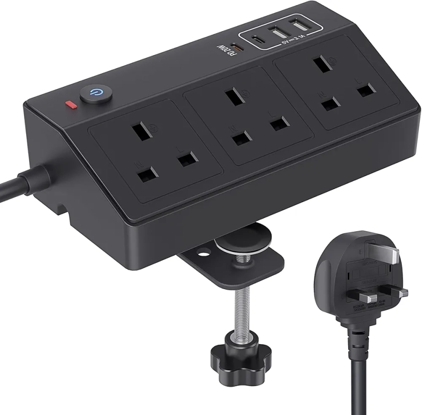 Desk Power Socket with USB C Slots, HAFINO PD 20W Fast Charging Power Station, 2M Extension Lead with USB Slots with Removable Clamp, Desktop Power Strip for Home Office