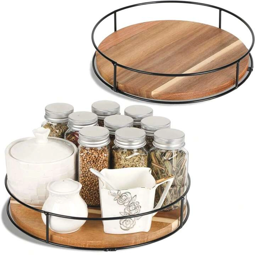 9 Slouchy Susan Organizer - Non-Skid Wood Turntable Organizer For Cabinet, Pantry, Kitchen Countertop, Refrigerator, Spice Rack, Carbonized Black