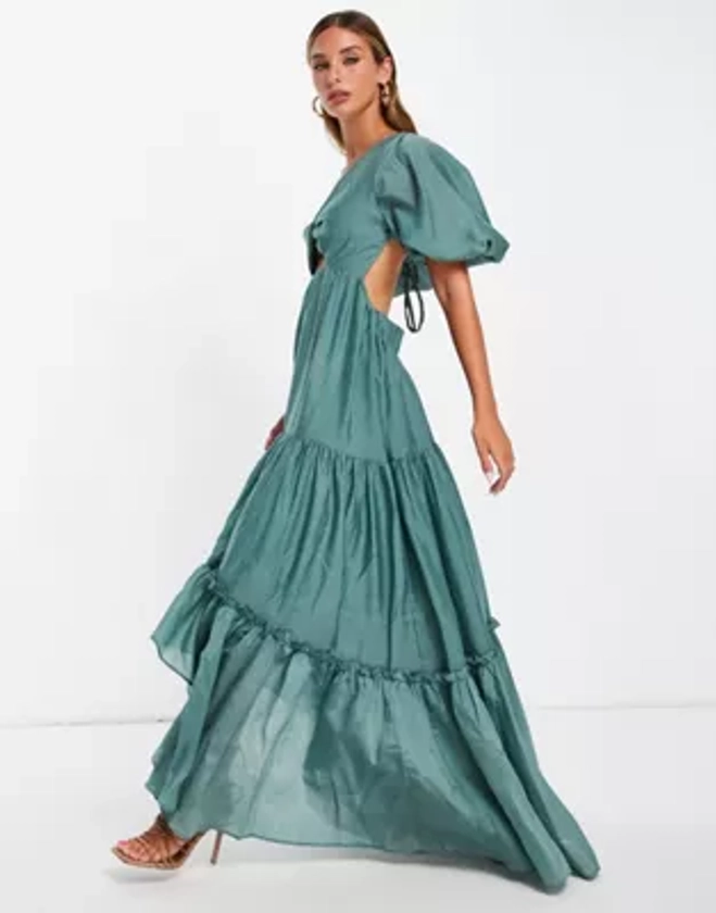 ASOS DESIGN puff sleeve tiered voile maxi dress with lace up back in sage | ASOS