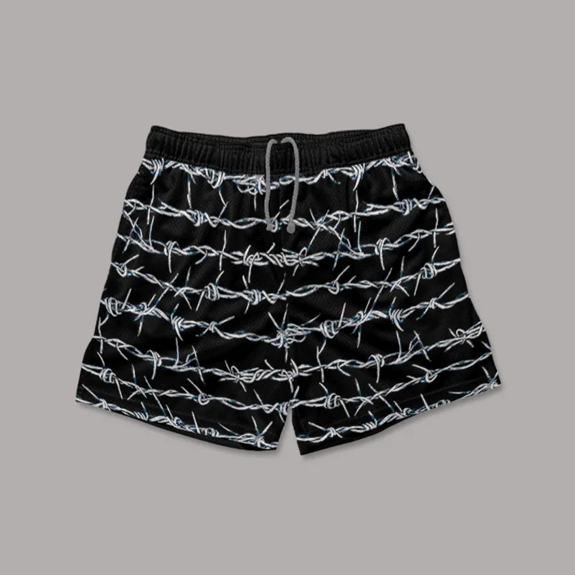 Vintage Silver Barbed Wire Print Mesh Shorts