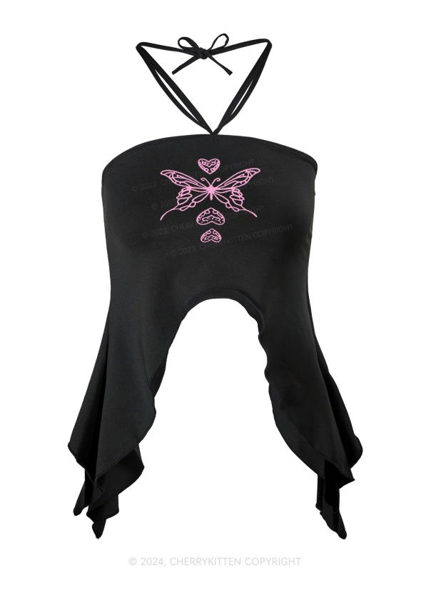 Pink Butterfly Y2K Halter Top Cherrykitten