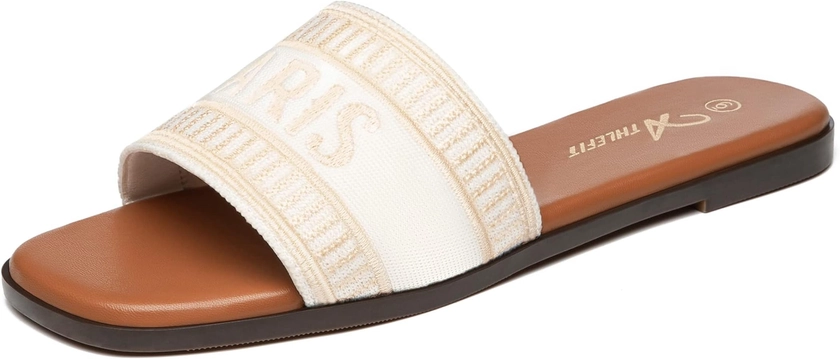Amazon.com | Athlefit Women's Slip On Flat Sandals Summer Embroidered Square Open Toe Beige Slide Sandals Size 9.5 | Slides