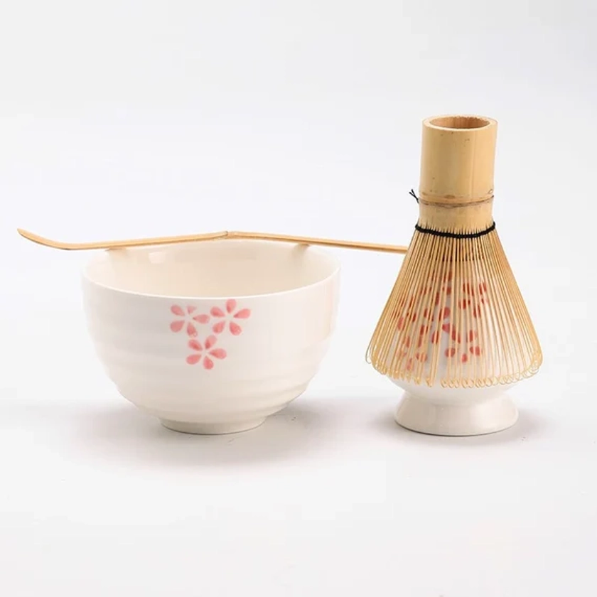 White Hand-painted Sakura Ceramic Matcha Bowl with Bamboo Whisk and Chasen Holders