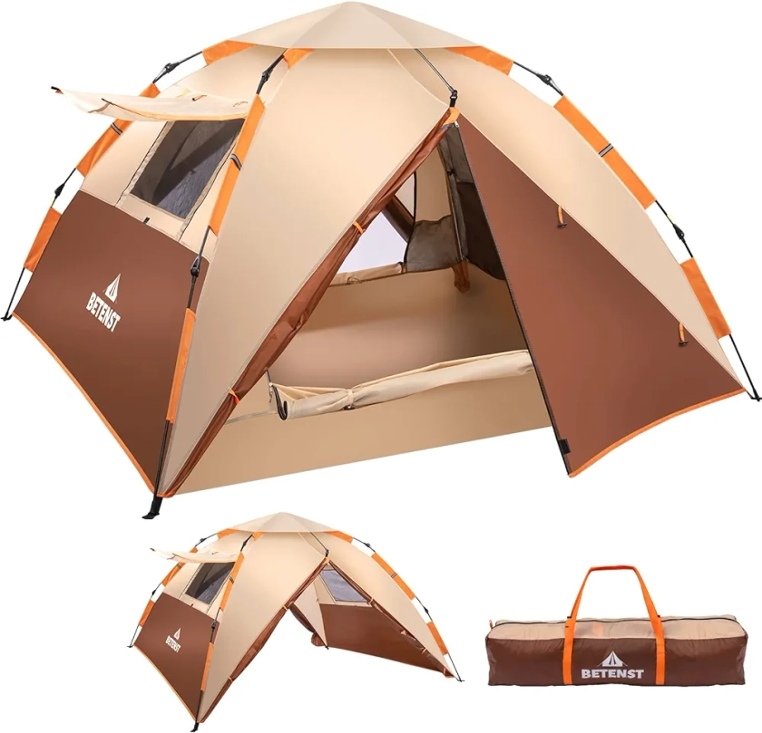 BETENST Campingtält, popup-tält, 4 personer, familjekupoltält, vattentätt, vindtätt med 2 nätdörrar, 2 nätfönster, takfönster, 2-i-1 dubbla lager, förvaringsväska för camping, vandring, backpacking : Amazon.se: Sport & outdoor