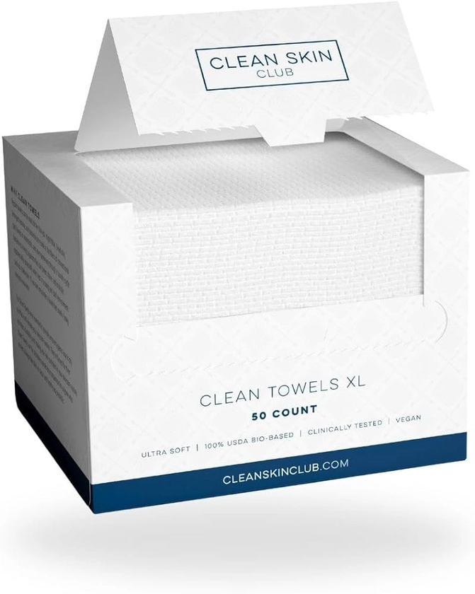 Clean Skin Club Serviettes Visage XL 100% Biologiques Certifiées USDA, Approuvées par les Dermatologues, Anti-Acné Serviettes Jetables pour le Visage et le Démaquillage, Ultra Douces