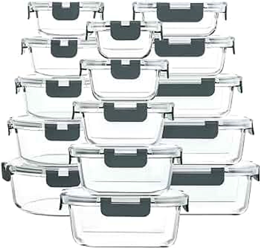 15 Pieces Glass Food Storage Containers with 15 Upgraded Snap Locking Lids, Meal Prep Containers Set - Airtight Lunch Containers, Microwave, Oven, Freezer and Dishwasher Friendly