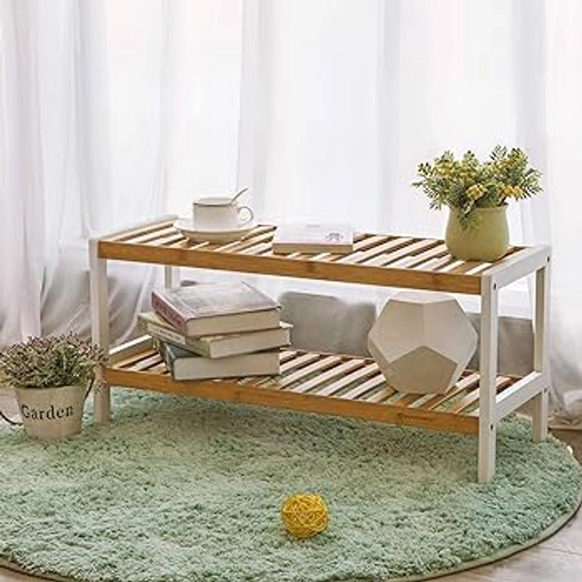 SONGMICS Natural Bamboo 2-Tier Shoe Rack, Shelf for Shoes Plants Books, for Living Room Hallway Bedroom Bathroom, 26 x 70 x 33 cm, White and Natural LBS02H